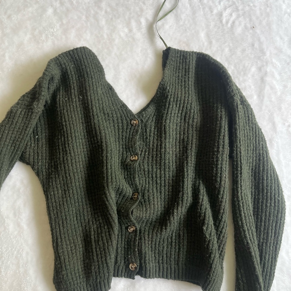 Olive Green V-Neck Ribbed Sweater - Picture 2 of 3